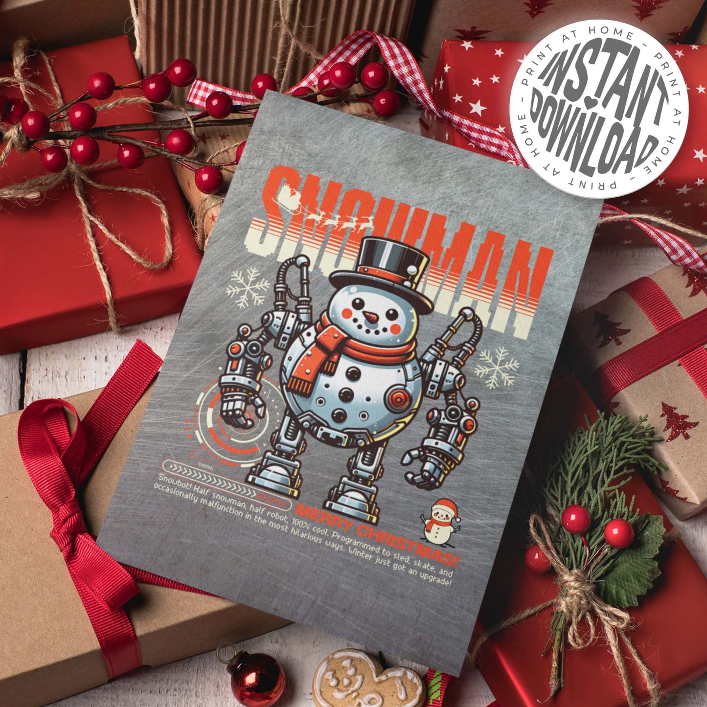 SNOWMAN ROBOT X-MAS MERRY CHRISTMAS - card with envelope - digital download